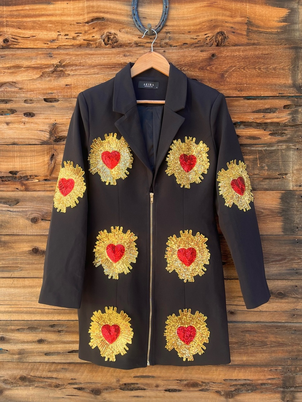 AKIRA | Black Blazer Dress with Gold Sequin Sunburst and Red Heart Appliqués XL